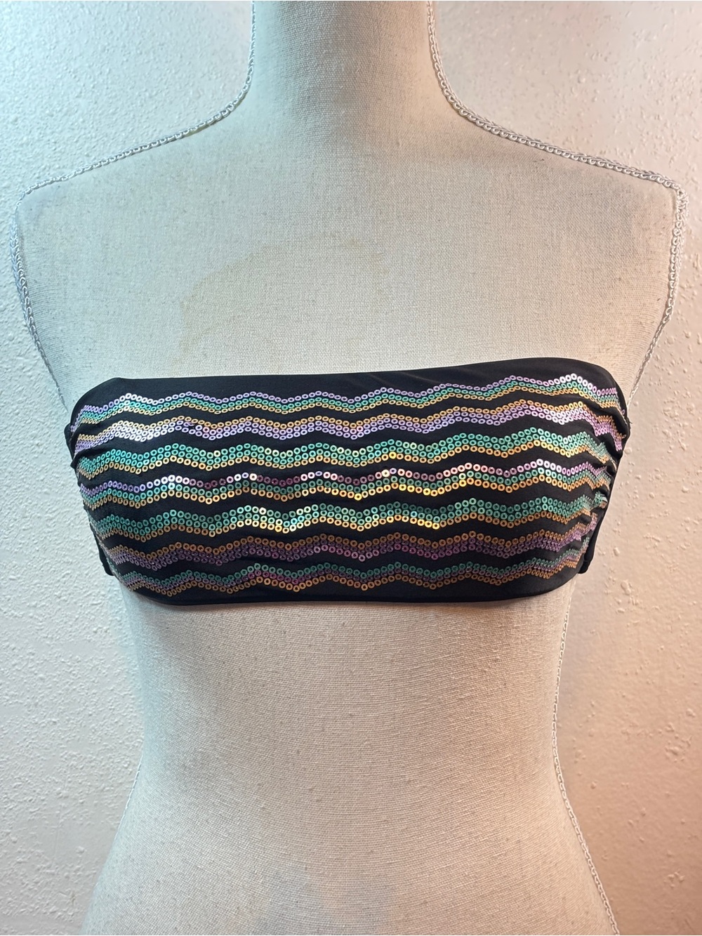 OP Black Strapless Sequin Bikini Top with Iridescent Waves